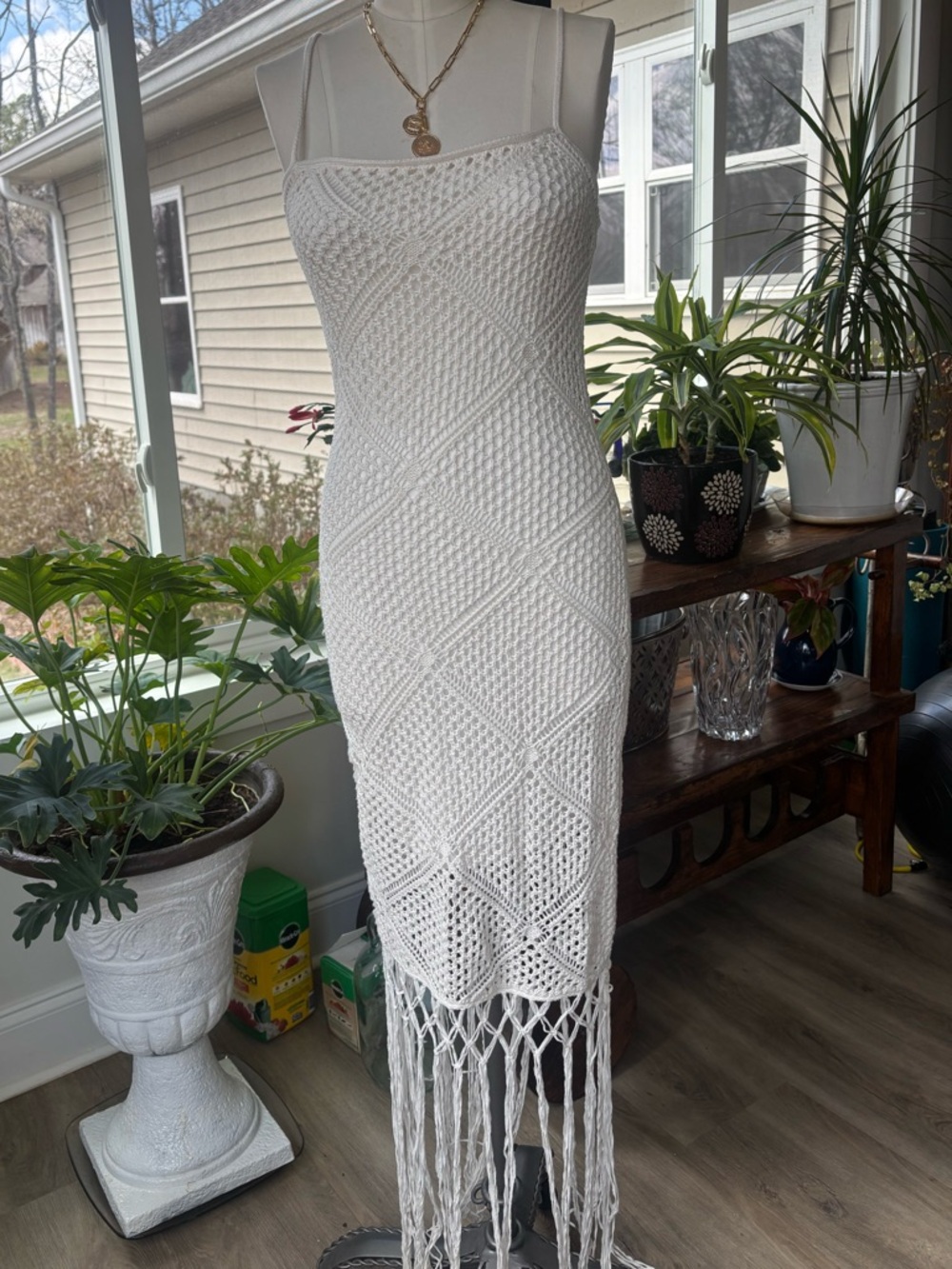 Abercrombie & Fitch White Crochet Fringe Maxi Dress